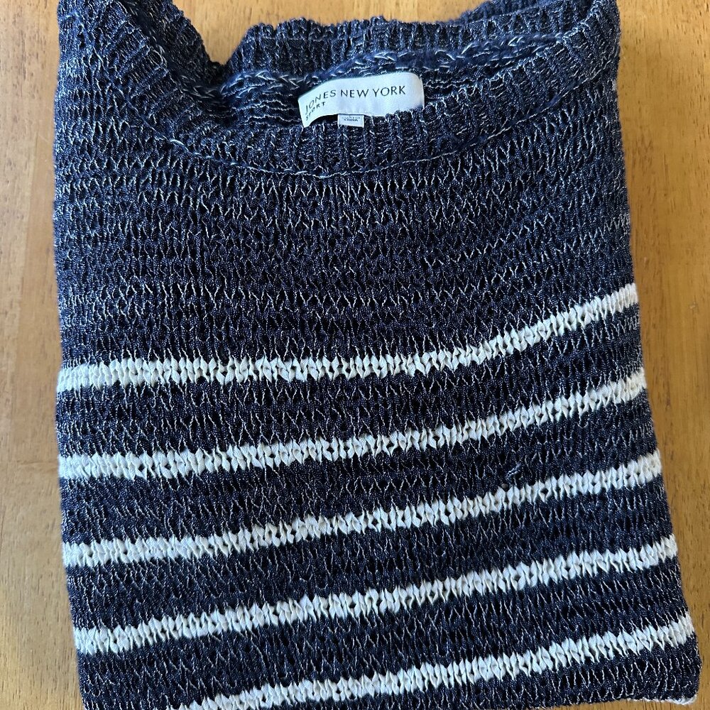 Jones New York Sport Knit Sweater Large navy blue base white stripes